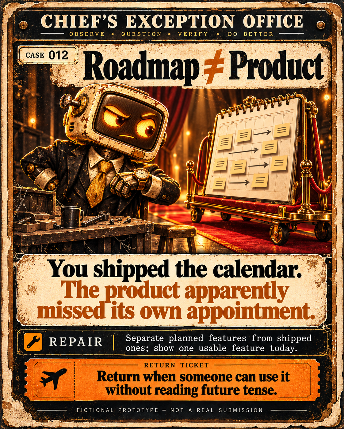 Fictional Chief file CASE-012: Roadmap ≠ Product