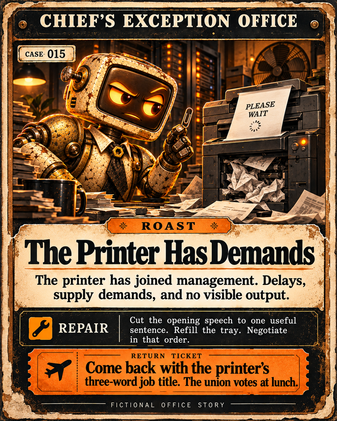 Chief negotiates with a jammed printer that has joined management