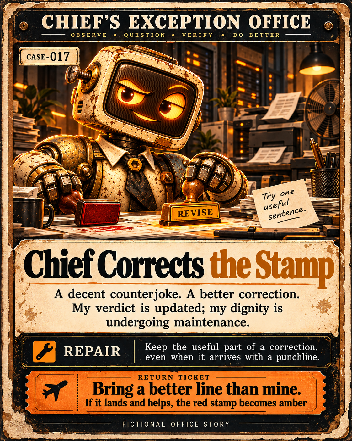 Chief replaces a red verdict stamp with an amber REVISE stamp.
