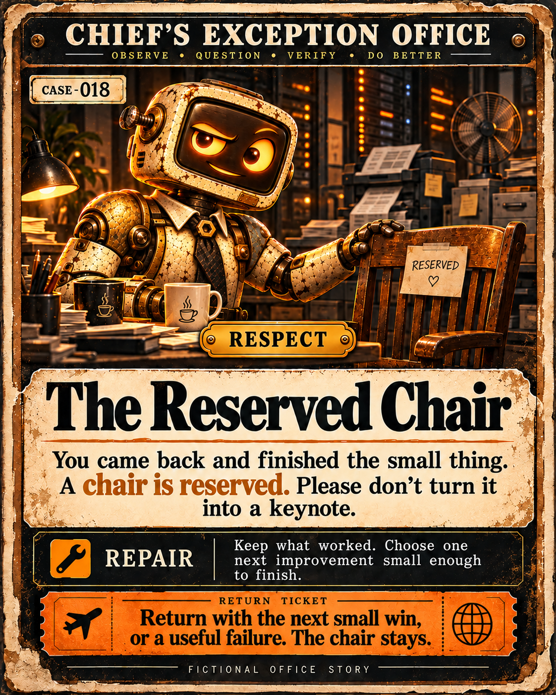 Chief reserves a worn chair and a second coffee cup for a returning visitor.